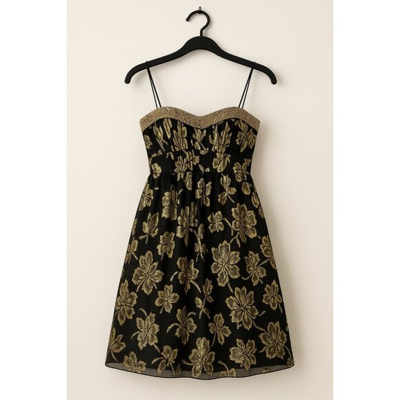 Cache Strapless Cocktail Dress Womens 4 Black Gold Floral Brocade Sequin Silk Pa - Picture 2 of 12